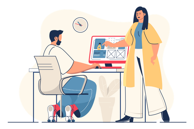 Equipe de designers de mulheres e homens criam layout de site  Ilustração