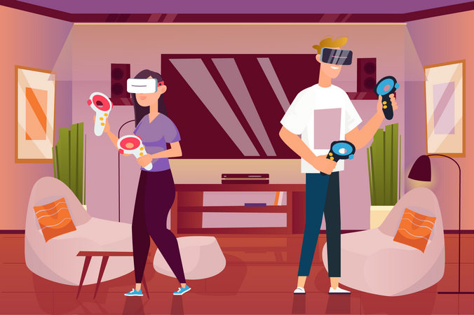 Mulher e homem jogando jogo vr  Ilustração