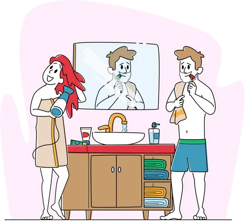Procedimento De Higiene Matinal De Personagens De Casal Jovem No Banheiro Mulher E Homem Na Frente Do Espelho Secando Cabelos E Escovando Os Dentes Apos O Banho Ou Chuveiro Rotina Diaria Ilustra O Vetorial De Pessoas Lineares Ilustração