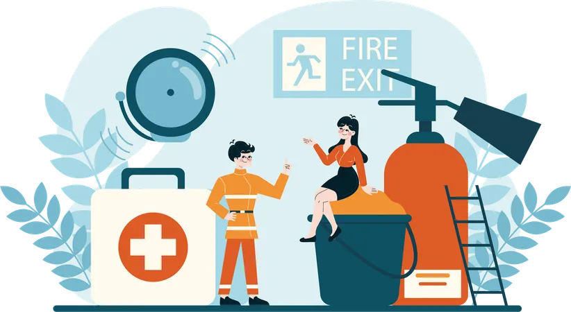 Mulher e homem trabalhando com incêndio e segurança  Ilustração