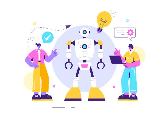 Mulher e homem trabalhando em tecnologia robótica  Ilustração