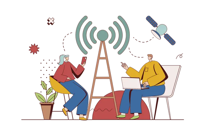 Mulher e homem usando hotspot Wi-Fi para obter acesso à Internet a partir de smartphone  Ilustração