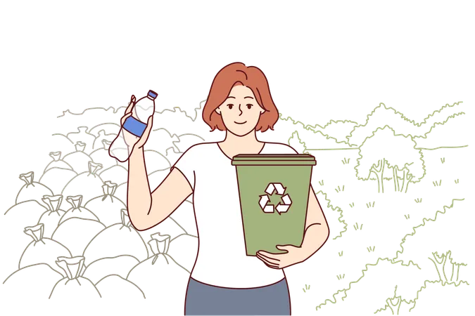 Mulher ecologista pede coleta seletiva de lixo e reciclagem de garrafas plásticas segura balde  Ilustração