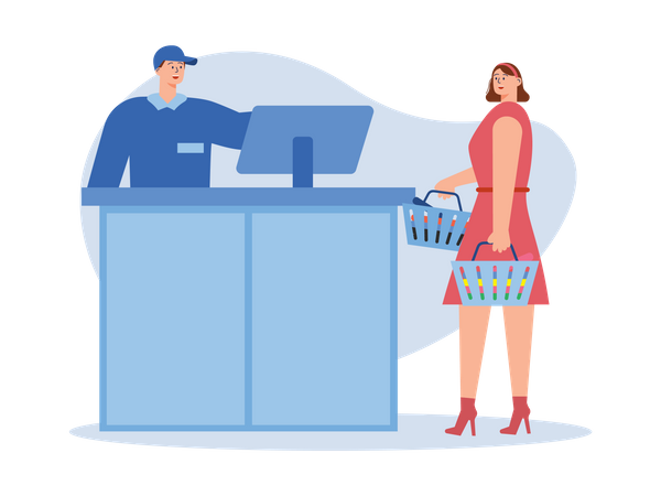 Mulher em pé no balcão de dinheiro  Ilustração