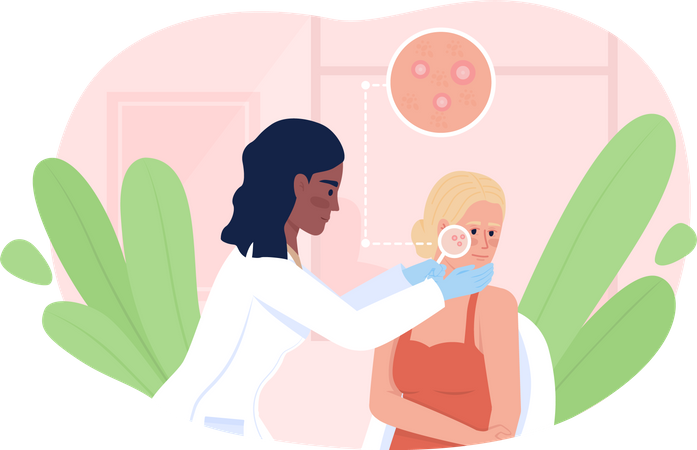 Mulher na consulta com dermatologista  Ilustração