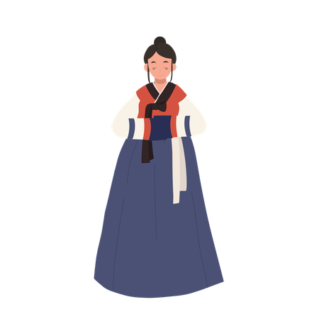 Mulher em hanbok coreano cumprimentando pessoas  Ilustração