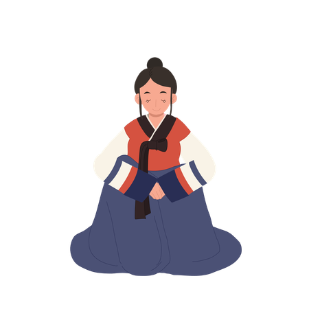 Mulher em hanbok coreano cumprimentando pessoas  Ilustração