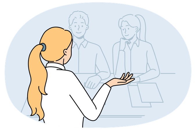 Mulher em entrevista sentada à mesa com recrutadores querendo conseguir um novo emprego com salário e seguro  Ilustração