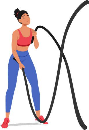 Mulher em forma se envolve em um treino vigoroso com corda de batalha  Ilustração