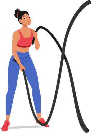 Mulher em forma se envolve em um treino vigoroso com corda de batalha  Ilustração