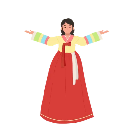 Mulher em hanbok apresentando orgulhosamente elegância cultural  Ilustração