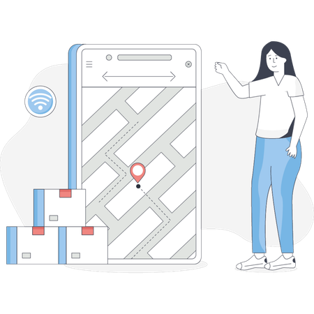 Mulher em pé ao lado de um smartphone exibindo um mapa indicando seus planos de navegação ou viagem  Ilustração
