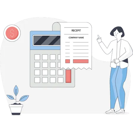 Mulher está ao lado de uma calculadora e um recibo no papel, parecendo focada em seus cálculos financeiros  Ilustração