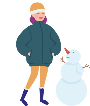 Mulher em pé com boneco de neve  Ilustração