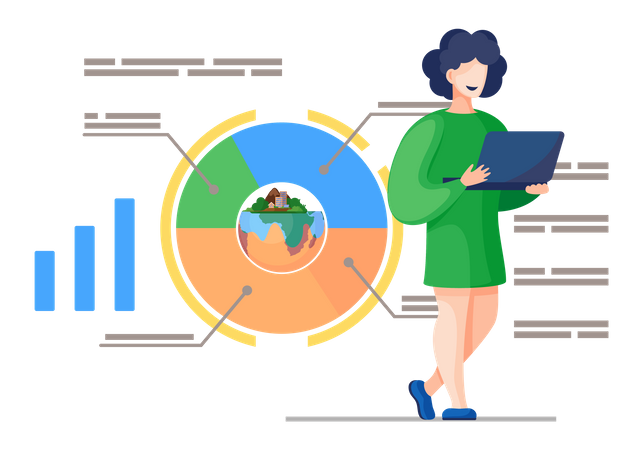 Mulher em pé com laptop realiza gráfico de análise de dados ambientais  Ilustração