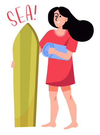 Mulher em pé com prancha de surf  Ilustração