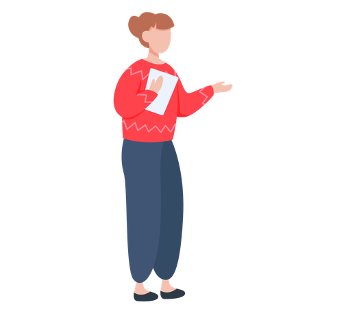 Mulher em pé com prancheta nas mãos conversando com alguém  Ilustração