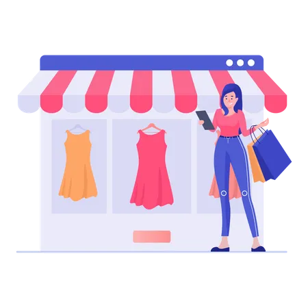 Mulher em pé comprando roupas e vestidos  Ilustração