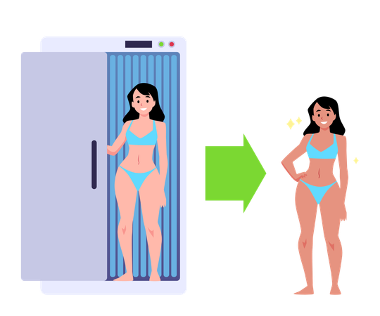 Mulher em pé na cabine de bronzeamento artificial  Ilustração