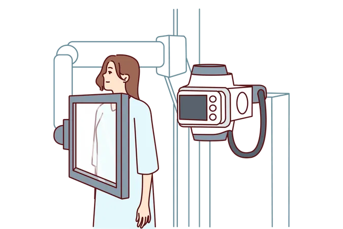 Mulher em pé na máquina de raio X  Ilustração