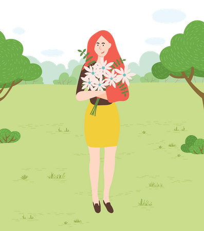Mulher parada no parque segurando uma flor  Ilustração