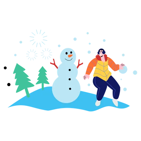 Mulher parada perto do boneco de neve  Ilustração