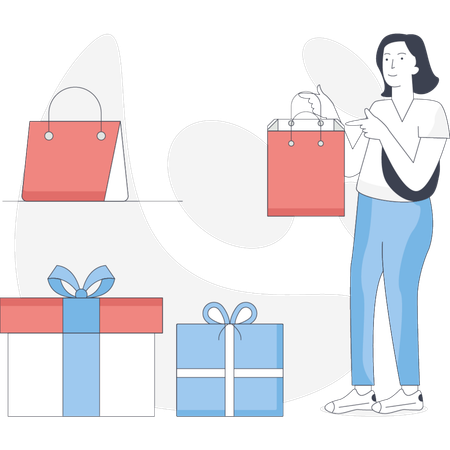 Mulher segura uma sacola de compras em uma mão e uma sacola de presentes na outra sorrindo enquanto aproveita suas compras  Ilustração