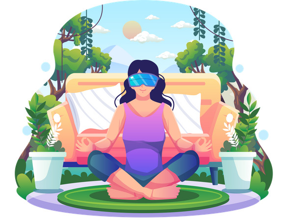 Mulher em postura de lótus usando óculos VR pratica ioga e meditação  Ilustração