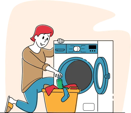 Mulher em uma lavanderia pública colocando roupas limpas no cesto  Ilustração