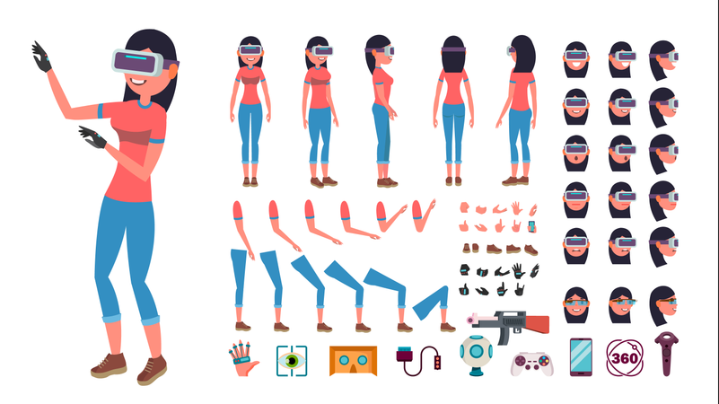 Mulher em peças diferentes de fones de ouvido de realidade virtual usadas para animação  Ilustração