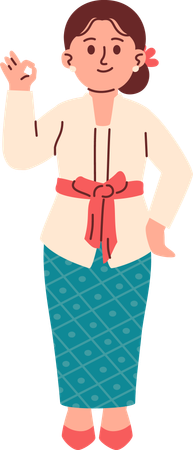 Mulher em traje Kebaya dando sinal de ok  Ilustração