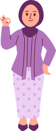 Mulher em traje Kebaya dando sinal de ok  Ilustração