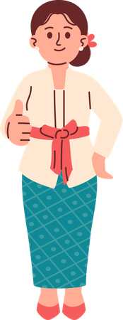 Mulher em traje Kebaya dando sinal de positivo  Ilustração