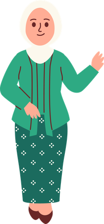 Mulher em traje Kebaya dizendo oi  Ilustração