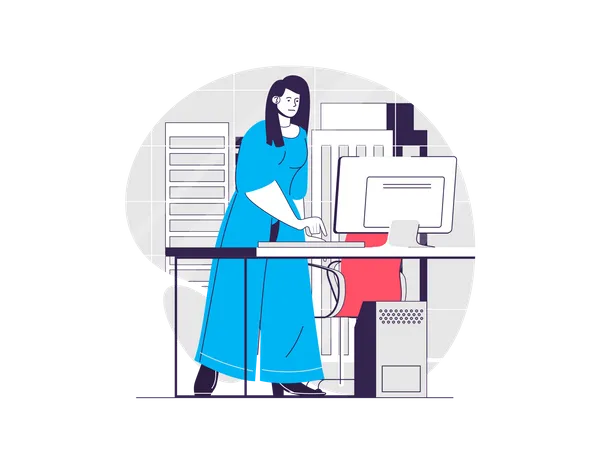 Empregador feminino trabalhando no computador  Ilustração