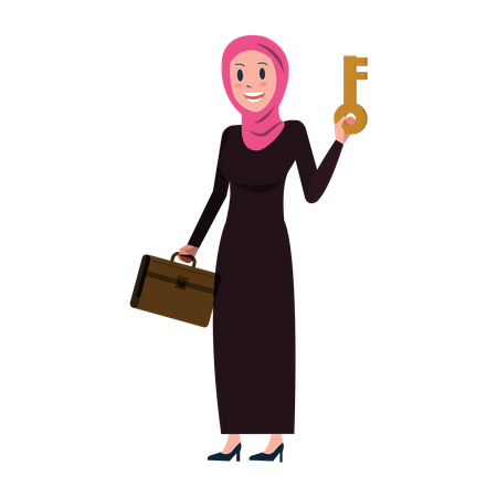 Mulher de negócios árabe segurando a chave e a mala  Ilustração