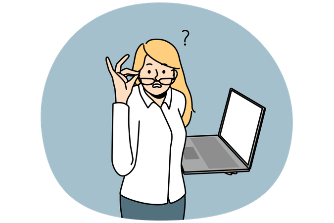 Empresária frustrada e confusa com notícias no laptop  Ilustração
