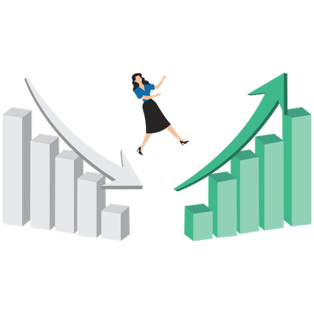 Mulher de negócios inteligente passando do gráfico vermelho de declínio para o gráfico de crescimento empresarial  Ilustração