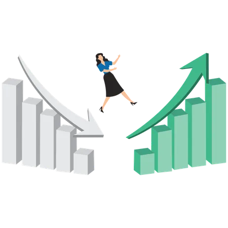 Mulher de negócios inteligente passando do gráfico vermelho de declínio para o gráfico de crescimento empresarial  Ilustração