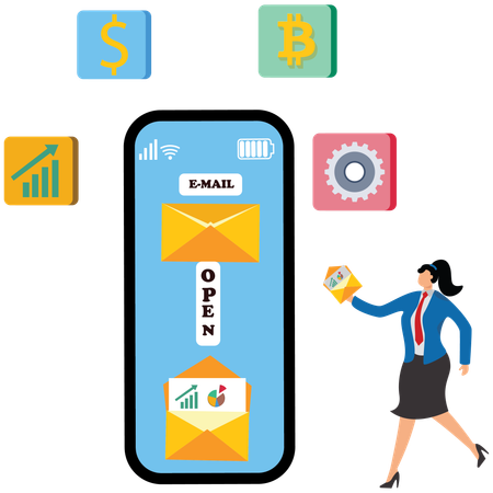 Mulher de negócios lendo e-mail no celular  Ilustração