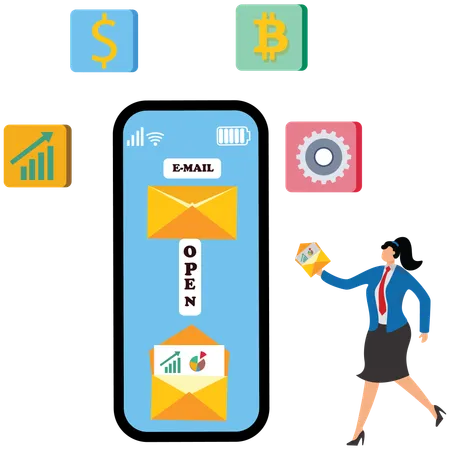 Mulher de negócios lendo e-mail no celular  Ilustração