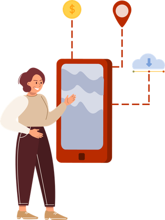 Mulher encontrando localização no mapa no celular  Ilustração
