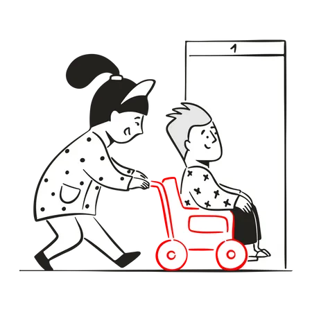 Enfermeira mulher conduz paciente em cadeira de rodas  Ilustração