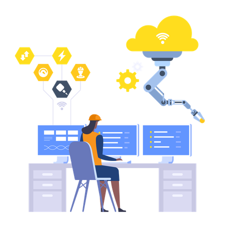 Engenheira trabalha em computadores na indústria inteligente  Ilustração