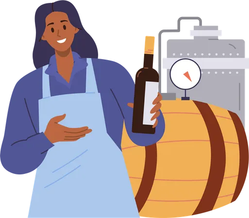 Produtor de vinho feminino apresentando nova garrafa de vinho  Ilustração