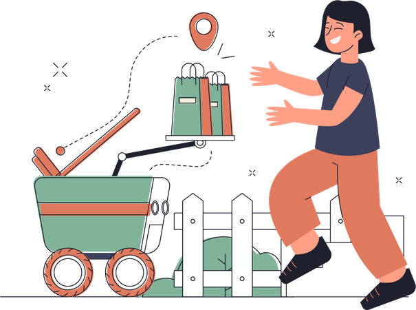 Mulher entregando mercadorias usando robô  Ilustração