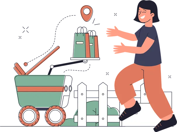 Mulher entregando mercadorias usando robô  Ilustração