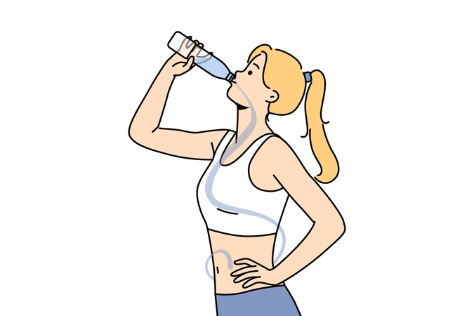 Mulher esbelta bebe água mineral da garrafa para limpar o corpo de toxinas e toxinas prejudiciais  Ilustração