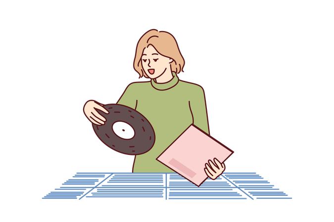 Mulher escolhe disco de vinil para tocar música  Illustration