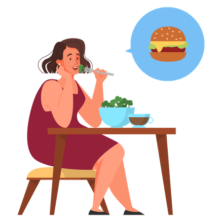 Mulher escolhe entre comida saudável e junk food  Ilustração
